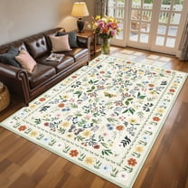 Garvee 8'x10' Area Rug Washable Floral Rug, Vintage Distressed Soft Carpet with Non Slip Backing for Living Room Bedroom Home Office, Beige