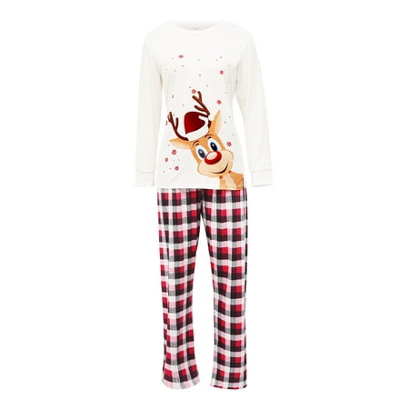 

Nituyy Christmas Parent-child Pajamas Set Reindeer T-shirt Plaid Jumpsuit Pants 2-piece Sizes Baby-Kids-Adult Unisex