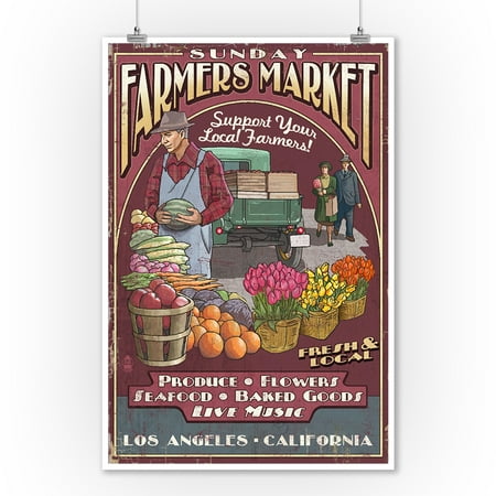 Los Angeles, California - Farmers Market Vintage Sign - Lantern Press Artwork (9x12 Art Print, Wall Decor Travel