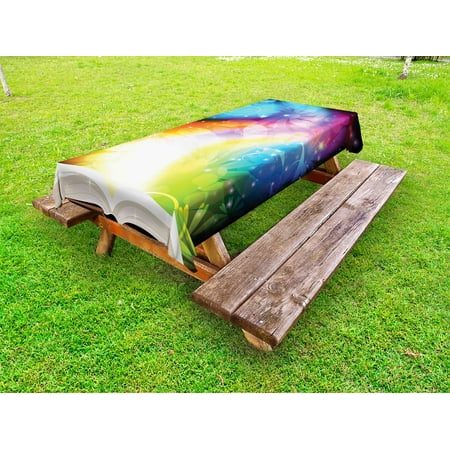 Fairy Picnic Magical Outdoor Tablecloth, Psychedelic Open Book of Fairy Tales on Gradient Rainbow Color Floral Background, Decorative Washable Fabric Picnic Table Cloth, 58 X 84 Inches,Multicolor, by Ambesonne ()
