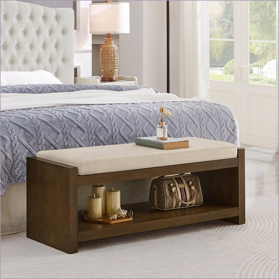 47” Modern Accent Bench with Lower Shelf Shoe Rack, Removable Ivory Cushion | Modern | Shelves