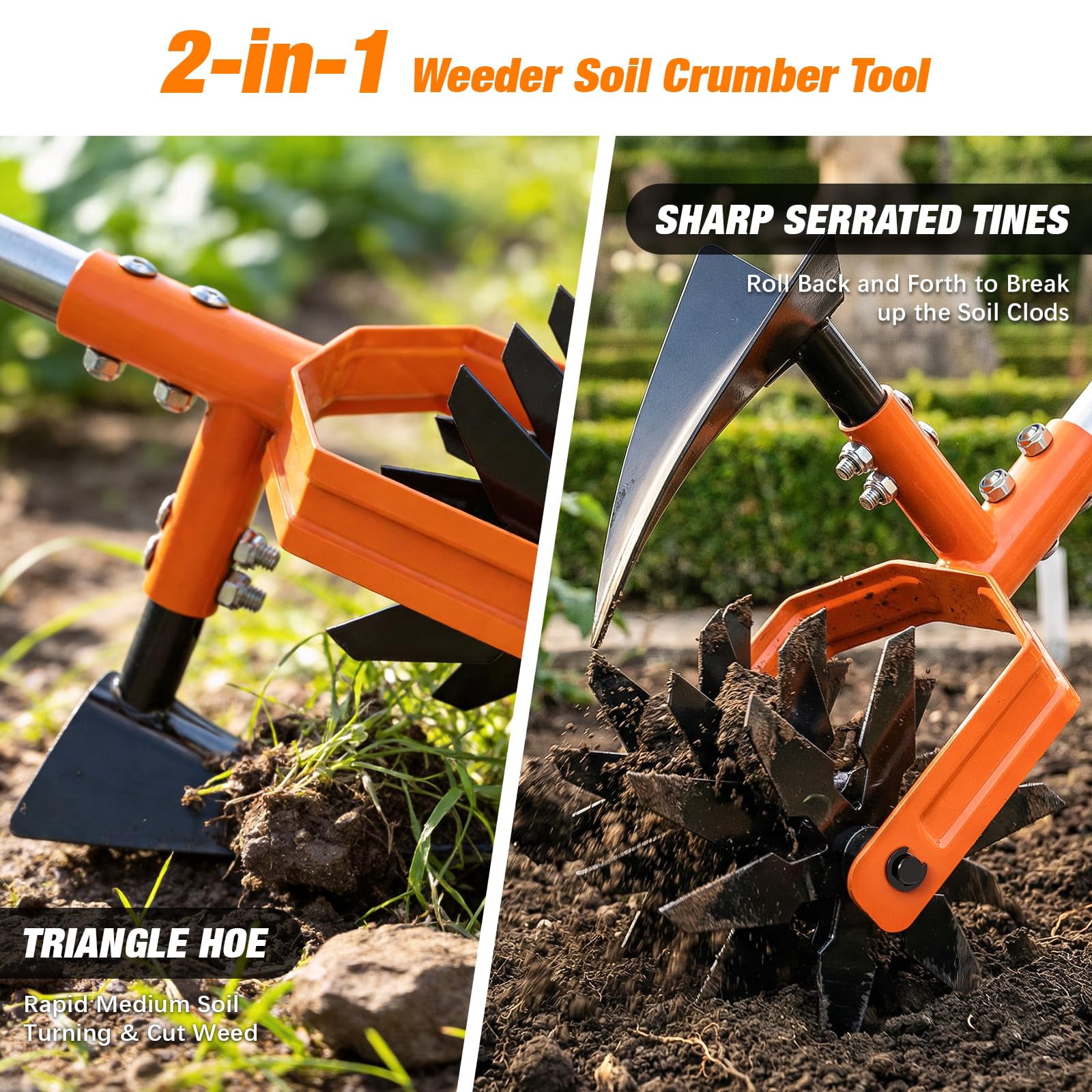 Hand Tiller Garden Cultivator  With Upgrated Triangle Hoe And Adjustable Long Handle 2-in-1 Weeder & Soil Aerator For Lawn Care Cultivate Plant Reseed Gardening Tools