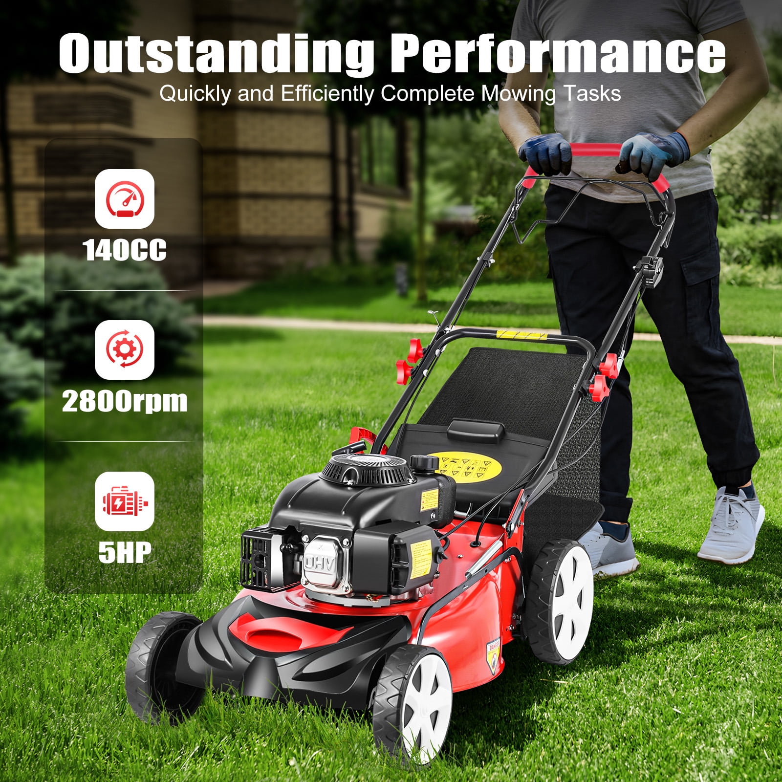 Self-Propelled Gas Powered Lawn Mower with Bagger with 4-Stroke Engine 20” 173cc 5HP Steel, Nylon, Manganese Steel Red, Black