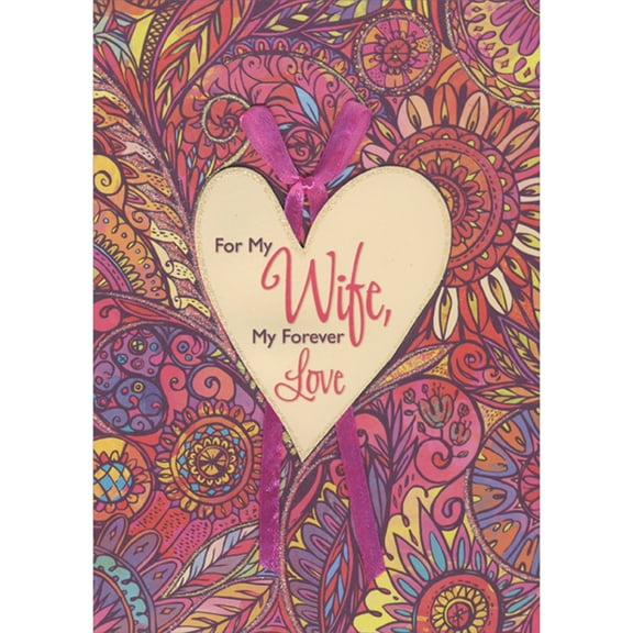 Designer Greetings My Forever Love 3D Die Cut Heart Over Pink Bow, Ribbon and Bright Florals Hand Decorated Valentine's Day Card for Wife