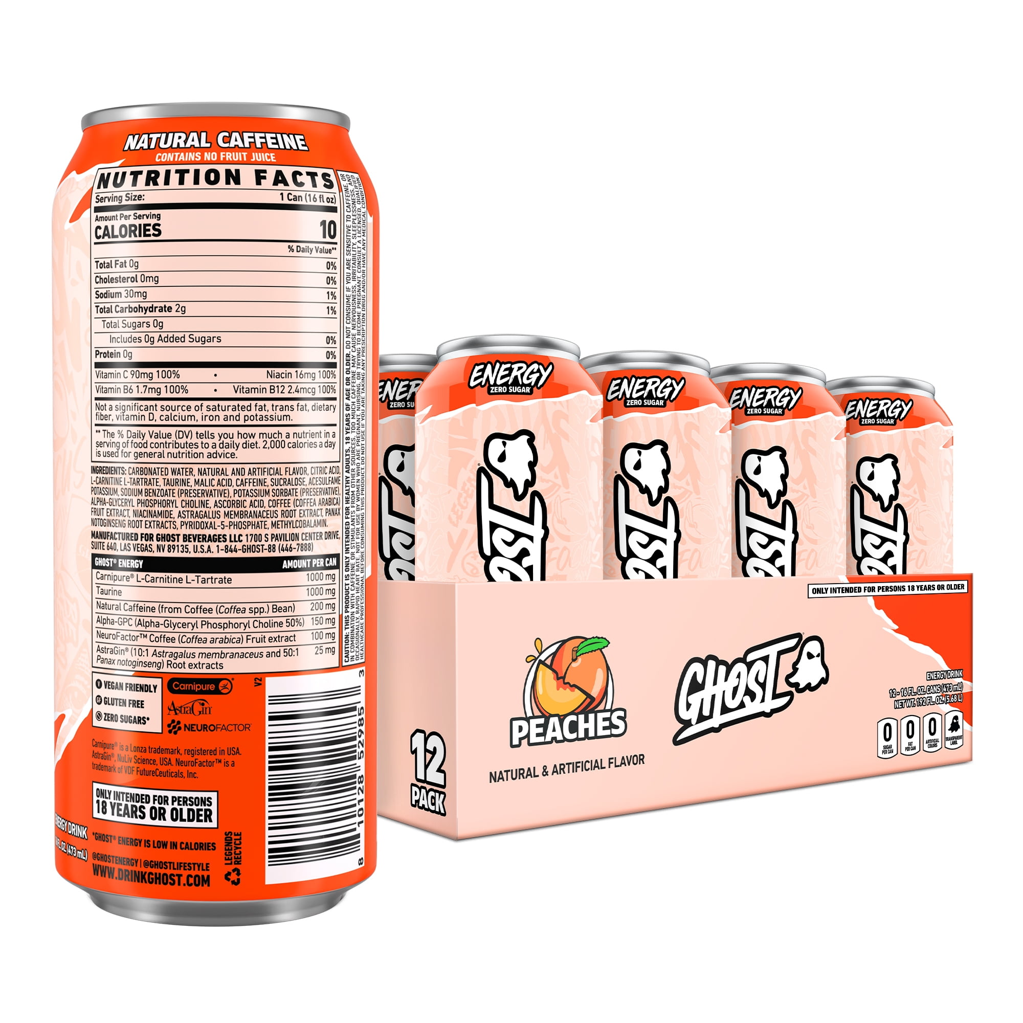 GHOST Zero Sugars Energy Drink, Peaches, 16 oz Can, 12 Pk