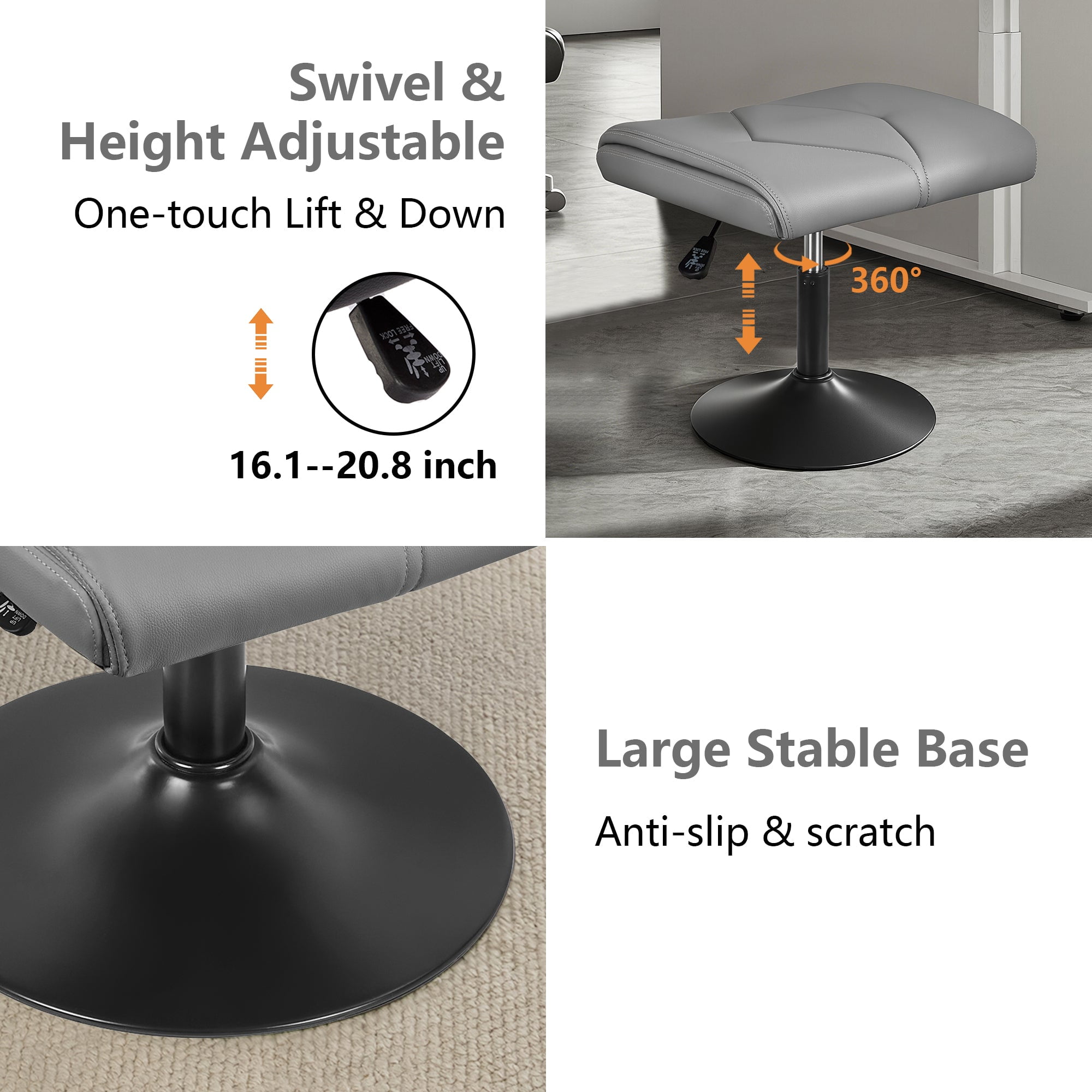 VECELO Footrest Height Adjustable Ottoman Leg and Foot Rest for Work Comfort, Computer Desk Swivel Stool with Thick Padding, Office Seat, Grey