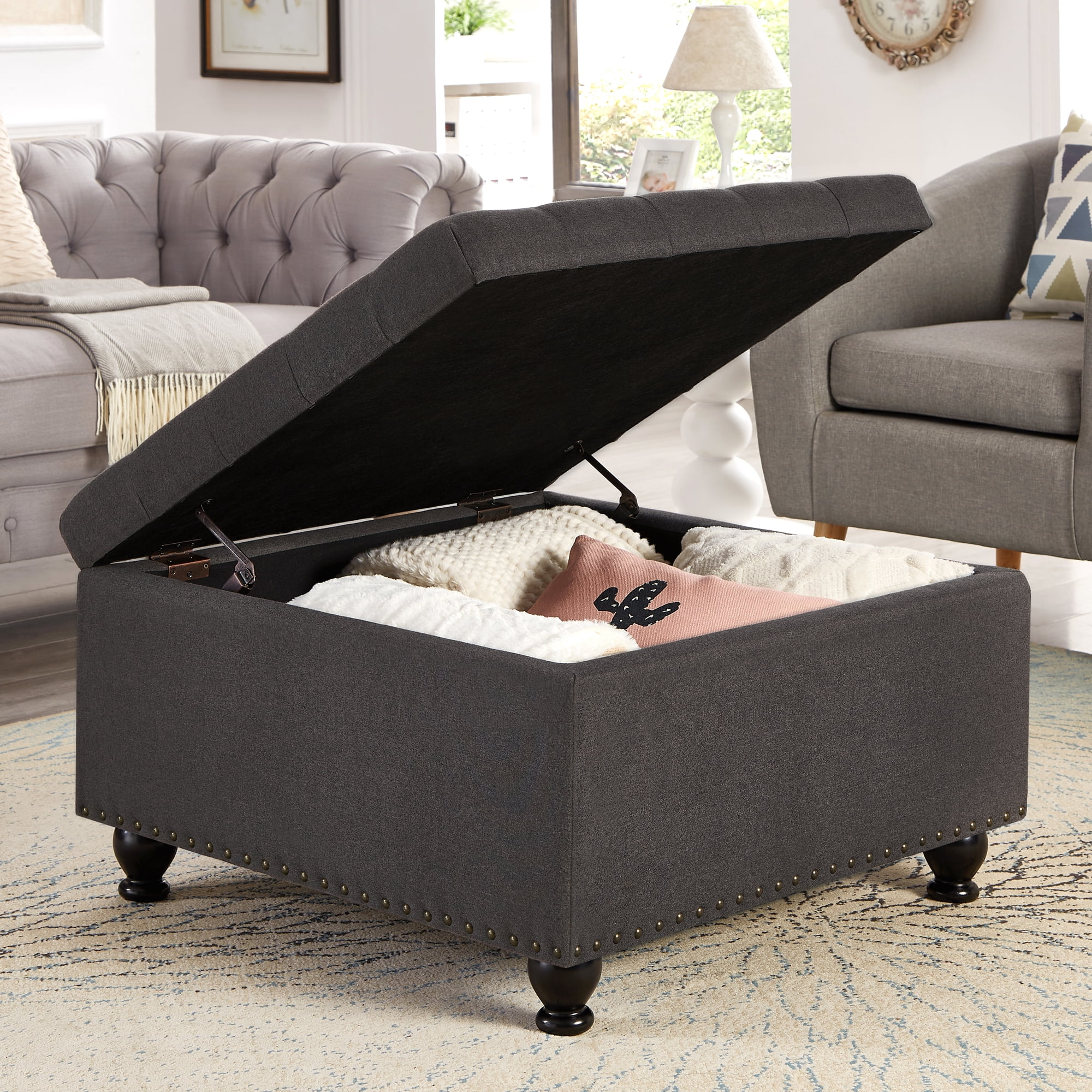 Square Storage Ottoman Coffee Table, Large Upholstered Ottoman with Hidden Storage, Button Tufted Bench with Nailhead Trim & Wooden Legs,Dark Gray