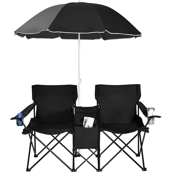 YEXJ Double Camping Chair with Umbrella, Folding Loveseat Chairs w/Canopy Shade, Carrying Bag, Table, Cup Holder, Portable Beach Chairs Outdoor Picnic Patio,Black