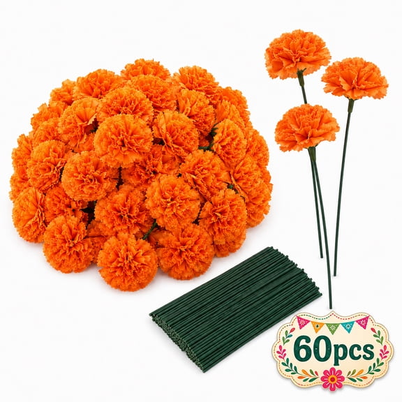 Artificial Marigold Flowers 60pcs Marigold Flower Heads with Stems Bulk for Indian Wedding,Diwali,Day of The Dead Halloween Decor(Orange)
