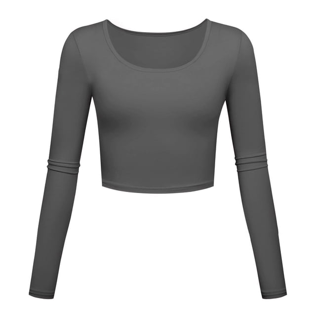 FAIWAD Womens Slim Crop Top Long Sleeve Basic Solid Color Skinny Stretch Roun Neck Pullover Top