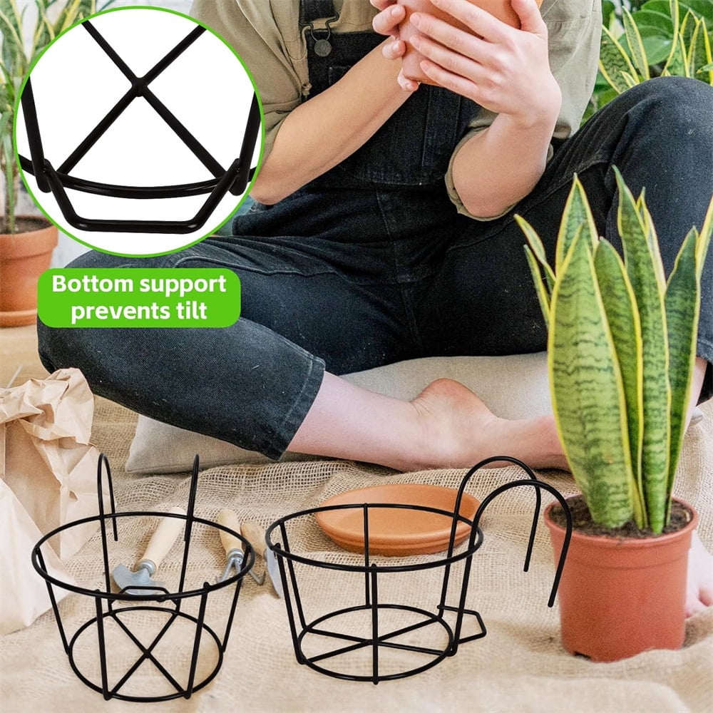 NOGIS 4 Pack Round Hanging Railing Planters Basket Metal Balcony Planters Railing Hanging Flower Pot Holders for Outside,Indoor，Balcony,Garden