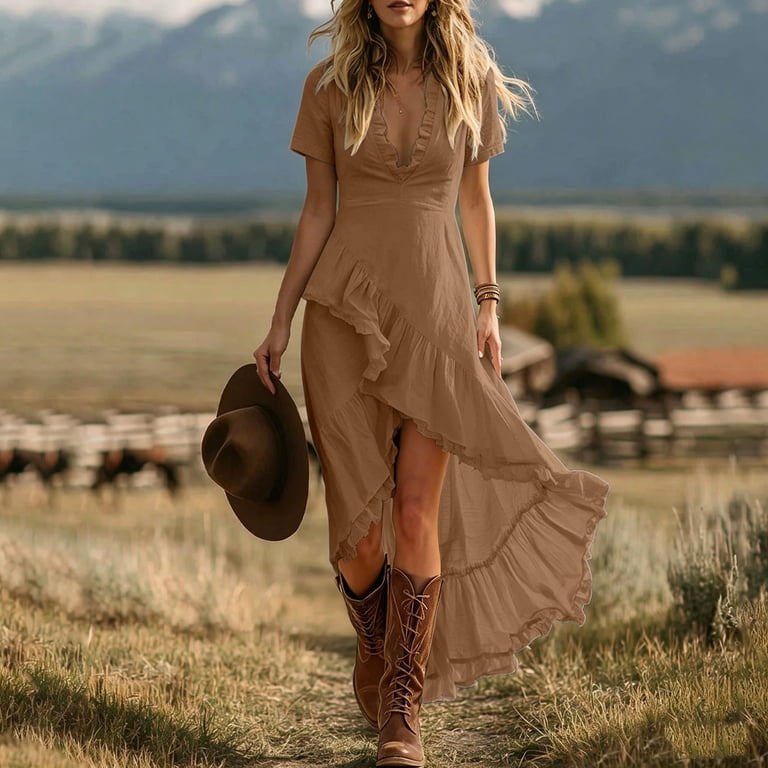 boho western maxi dress lcziwo Women's Summer Dresses Western High Low Ruffle Hem Boho Maxi Dress Short Sleeve Deep V Neck Elegant Flowy Sundress 2026 Khaki,L, Size: Large,