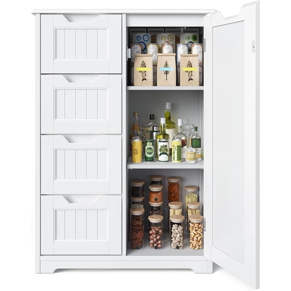 Small Pantry with Door and Shelves, 33'' Kitchen Pantry Storage Cabinet Freestanding Wooden Bathroom Storage Cabinet with 4 Drawers for Kitchen and Dining Room, White