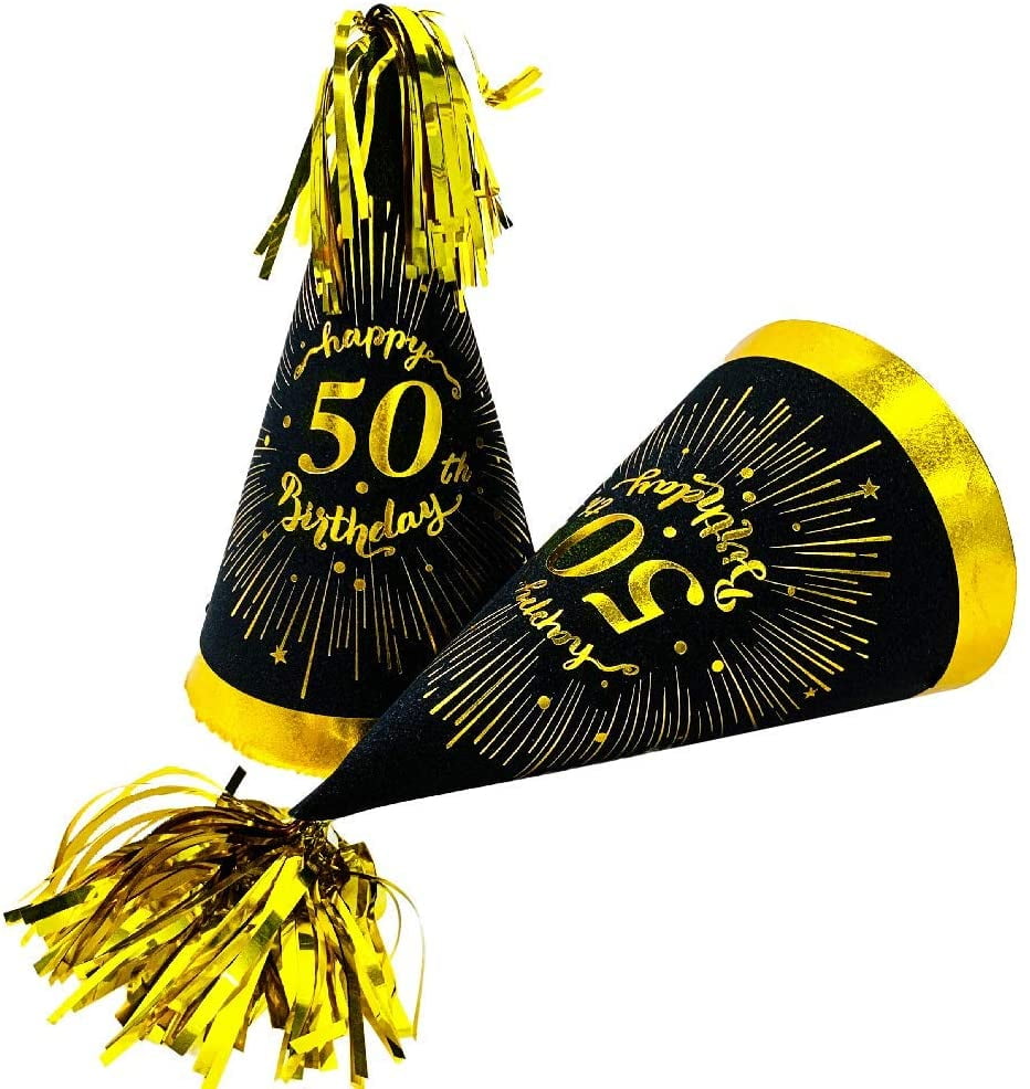 50th birthday decorations for hats 6 Count black gold theme 50th birthday party supplies cone hats with gold glitter cardstock 50th birthday party favors for men women