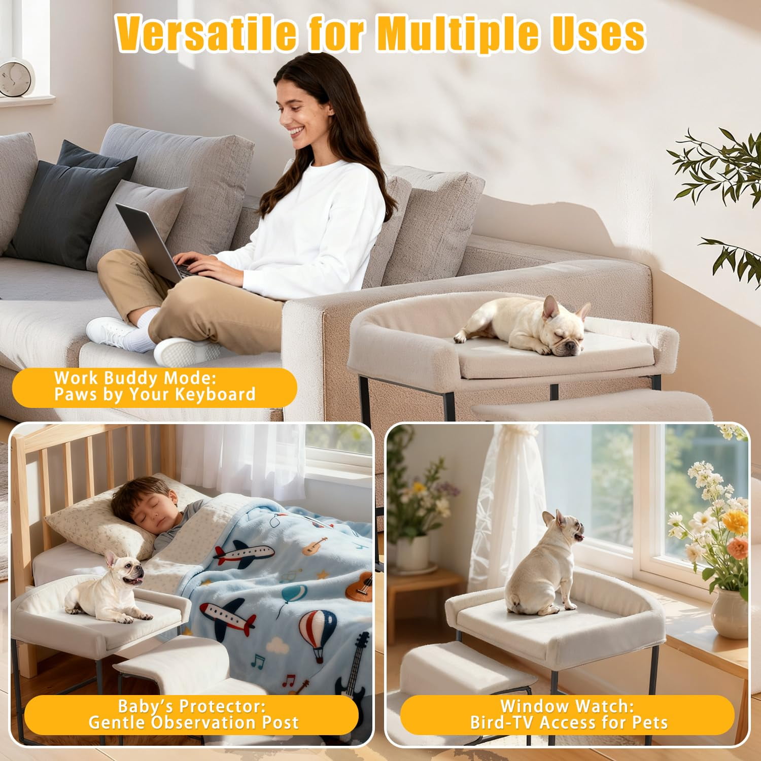 Dog Window Perch with Stairs, Pet Stairs Ramp with Seat, Dog Perch to Look Out Window with Ramp, Lounge Elevated Dogs Bed, Small Pet Step, Multi-Level Platform with Foam Upholstery