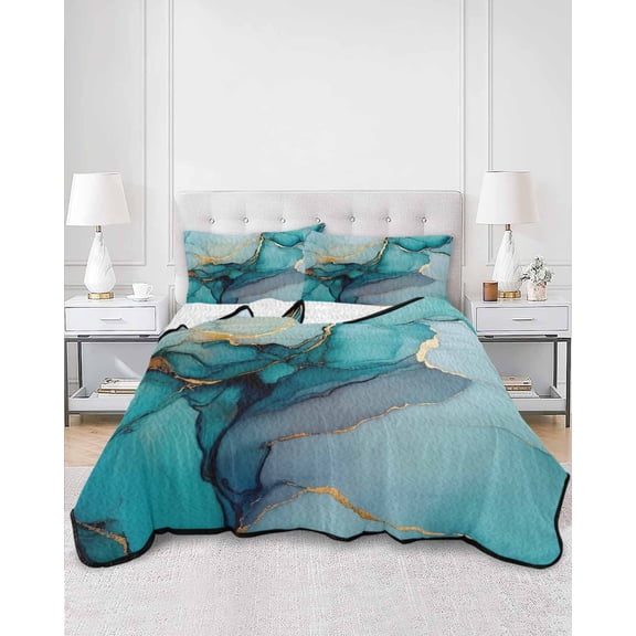 Quilts Twin XL Size, Teal Ombre Soft Comforter Bedding Set for Bed, Modern Marble Ink Painted Abstract Lightweight Quilted Bedspread with Pillow Cover(2 Pieces) for All Season, 68x98 Inch