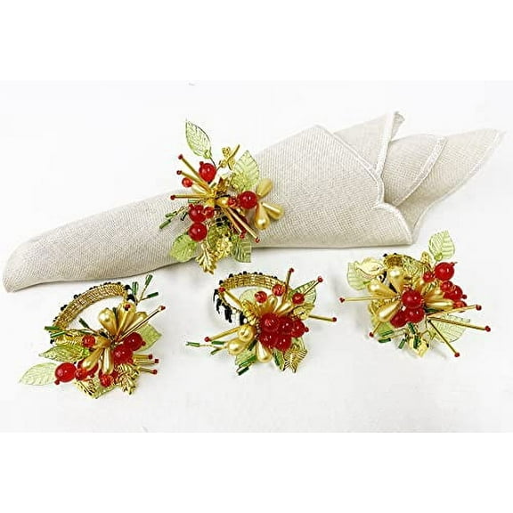 Fennco Styles Hand Beaded Holiday Flower Napkin Rings, Set of 4 - Multicolored Bead Festive Napkin Holders for Home, Dining Room, Banquet, Family Gathering, Christmas Décor and Special Occasion