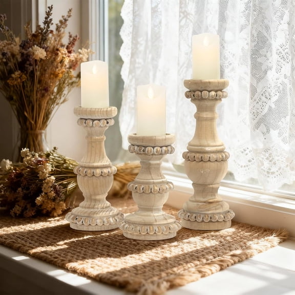 MODE HOME Farmhouse Wooden Candle Holders for Pillar Candles, Set of 3 Vintage Wooden Beaded Candle Holder, Tall Candle Stand Decorative for Living Room, Table Centerpiece (Natural)