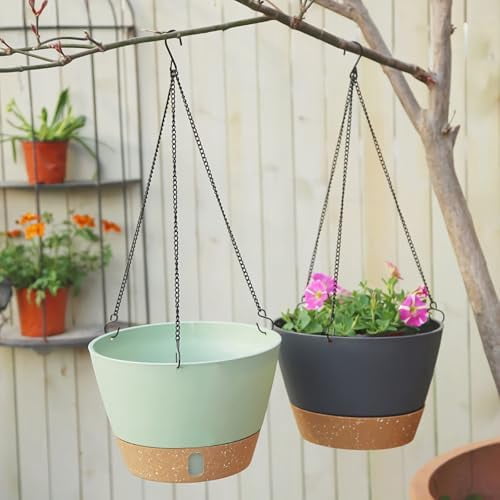 10 Inch Hanging Planters for Outdoor Plants, Hanging Pots for Plants Indoor with Visible Water Level, Hanging Flower Basket with Drainage Holes & Removable Tray(2 Pack, Gray)