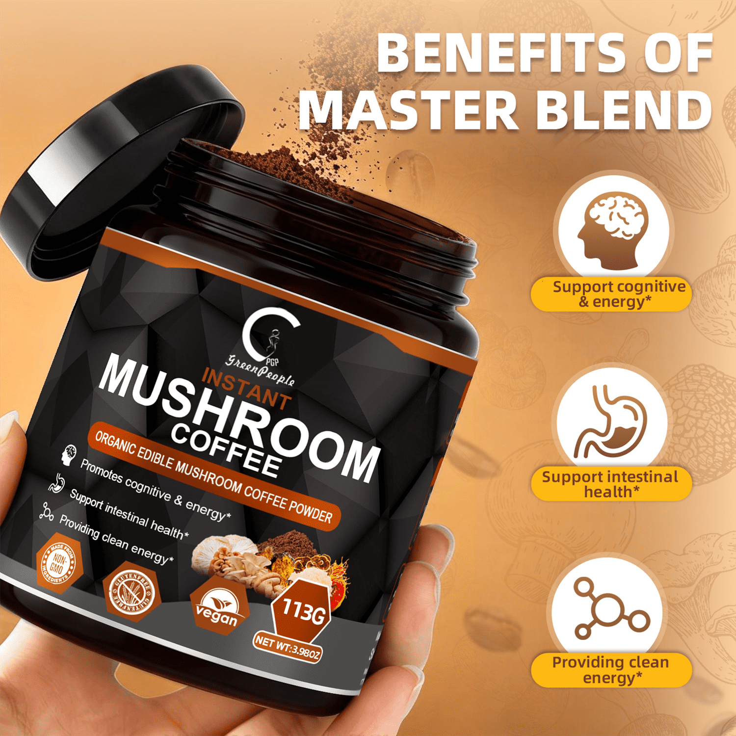 (2 PACK)GPGP Greenpeople Mushroom Coffee Powder Instant, Premium Mushroom Coffee Supplement for Energy, Focus, 8oz Total