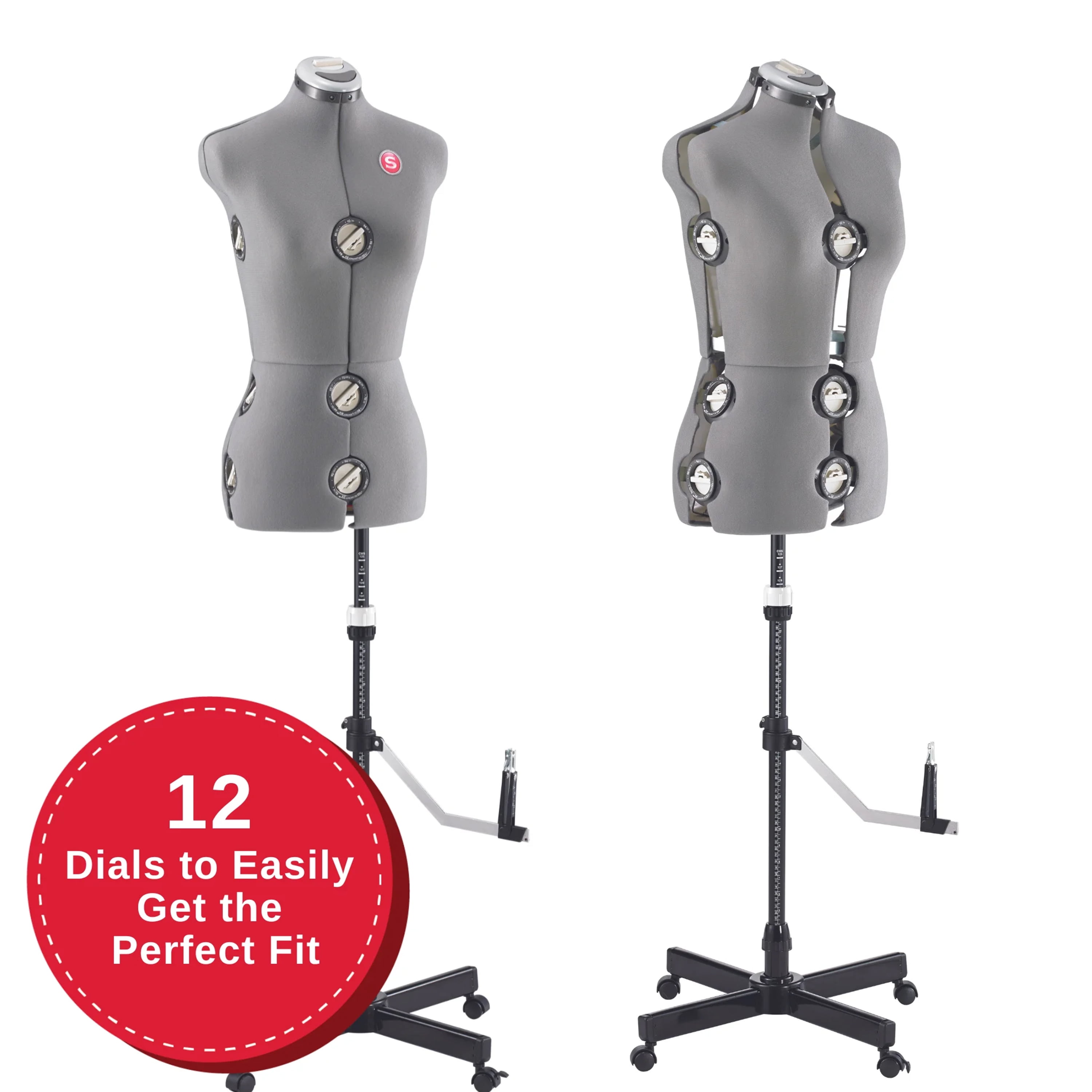SINGER Female Adjustable Gray Dress Form Fits Sizes 10-18 Pinnable Mannequin Body Torso with 360 Degree Hem Guide, Foam-Backed Fabric Exterior, 12 Dials, Tri-Pod Stand
