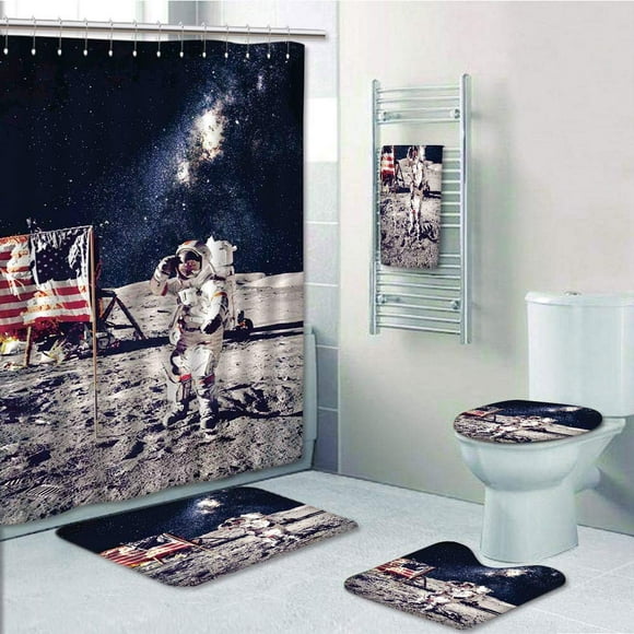 EREHome Galaxy American Cosmonaut with USA Flag on Moon Digital Pilot Space Discovery Dark 5 Piece Bathroom Set Shower Curtain Bath Towel Bath Rug Contour Mat and Toilet Lid Cover