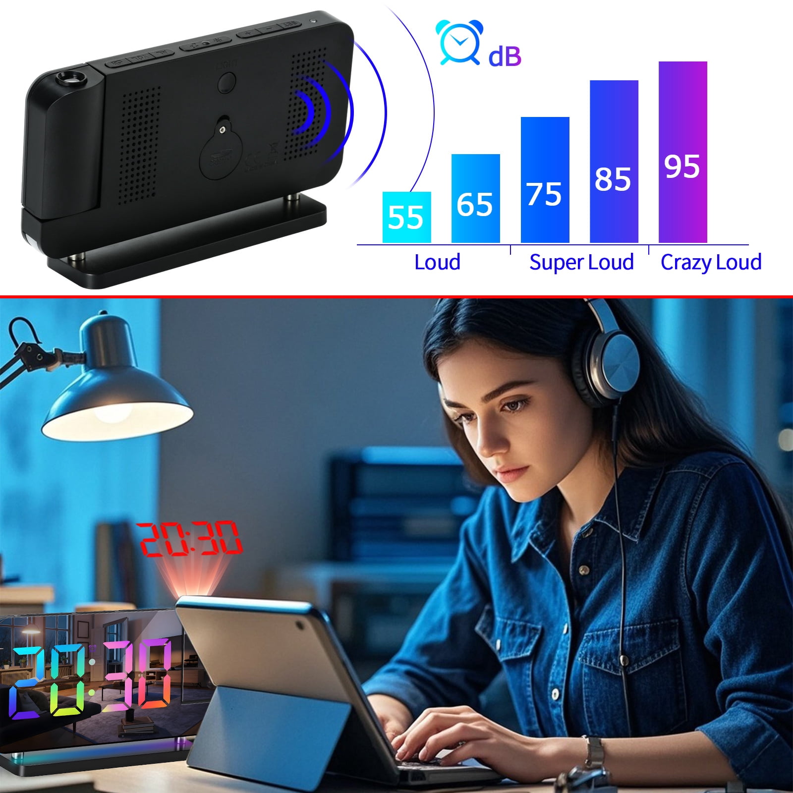 Syenll Projection Alarm Clock, 7.4 inch Large Digital Mirror Clock with Dual USB Charger Ports, 180° Rotatable Projector for Kids Bedroom Ceiling, Black