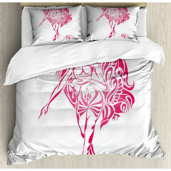 Zodiac Virgo King Size Duvet Cover Set, The Virgin of the Zodiac Illustration with Abstract Angel Wings Mystical, Decorative 3 Piece Bedding Set with 2 Pillow Shams, Pink Pale Grey, by Ambesonne