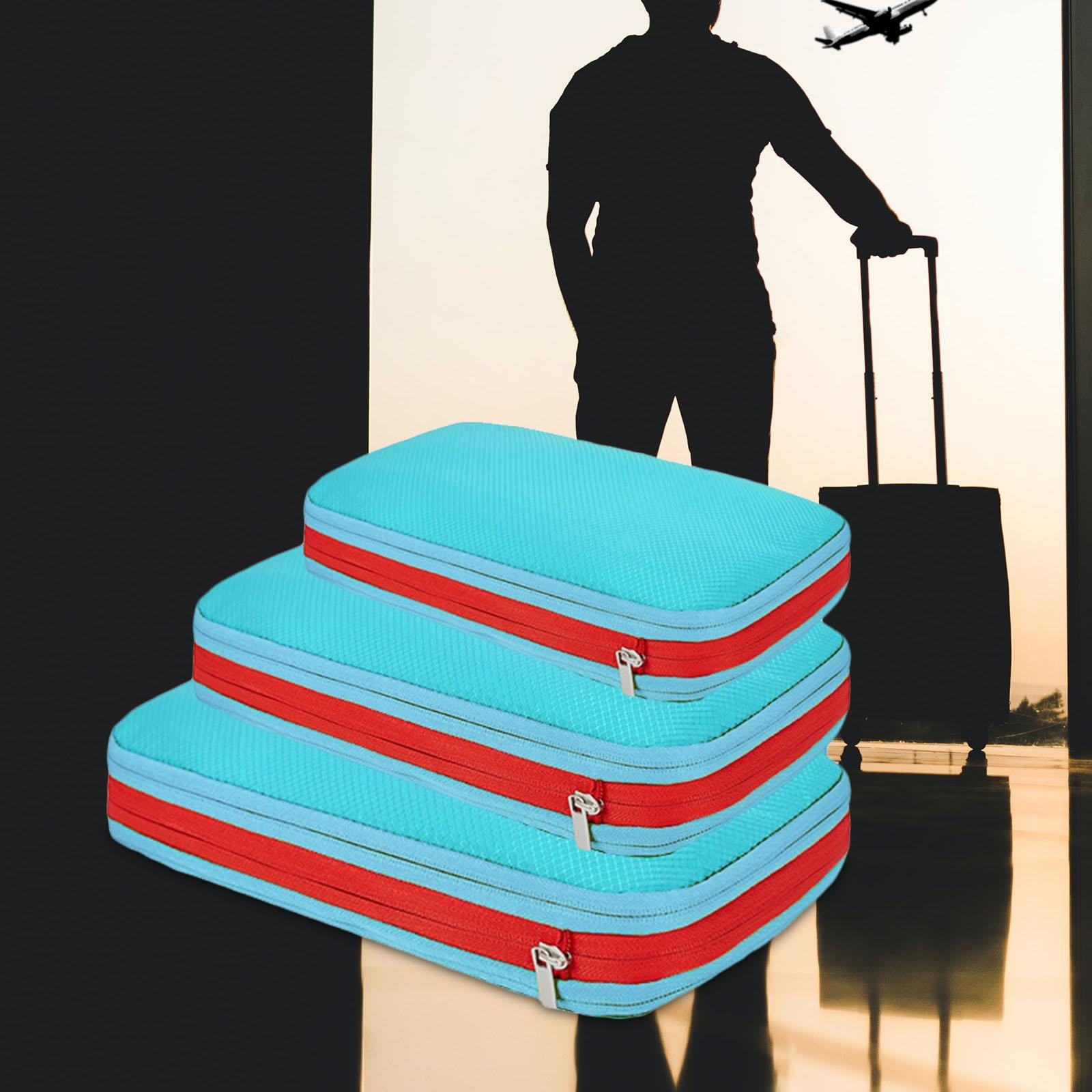 Fiocias 3 Pieces Compression Packing Cubes Waterproof Double Zippers Storage Bags Double Light Blue