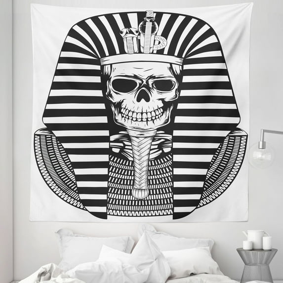 King Tapestry, Egyptian Pharaoh Ruler Mummy Skull Skeleton for Egypt Lovers Print, Fabric Wall Hanging Decor for Bedroom Living Room Dorm, 5 Sizes, Black and White, by Ambesonne