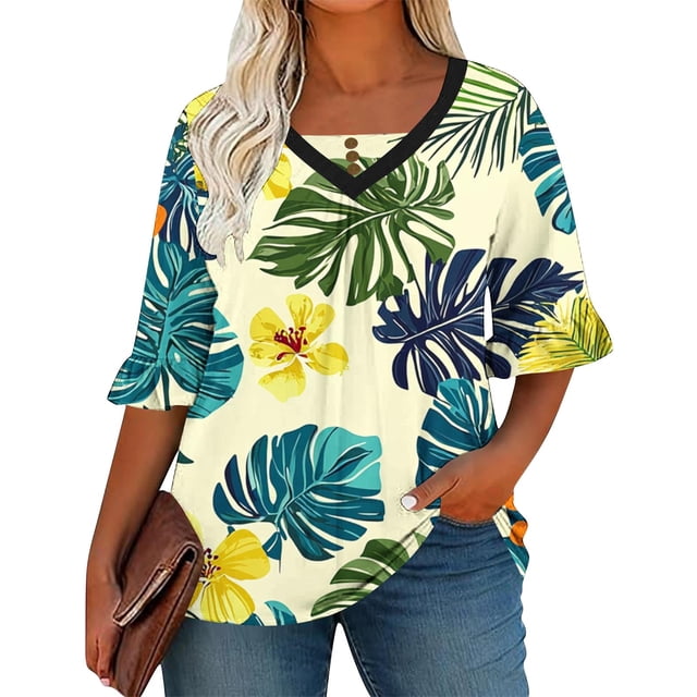 Womens Plus Size Gradient Color V Neck Ruffle Trim Short Sleeve Blouses Loose Casual Tunic Tees Summer Work Beach Vacation Tops,Army Green,XXXXXL