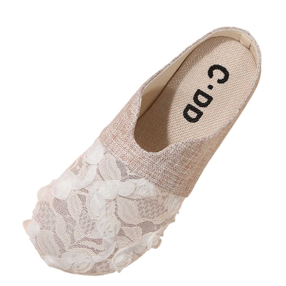 Xfvqtps Womens Lace Flower Mules Slip on Breathable Casual Flat Shoes with Linen-Like Upper for Women Spring Summer Beige