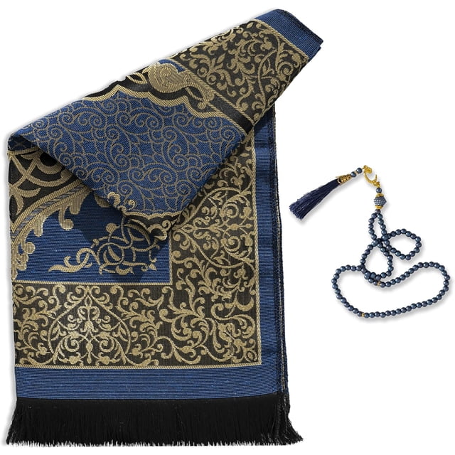Muslim Prayer Rug with Prayer Beads - Prayer Mat - Prayer Rug - Prayer Matt Islam - Islamıc Prayer Mat - Travel Prayer Mat - Tasbih Prayer Beads - Islamic Gifts - 99 Prayer Beads Included (Navy)
