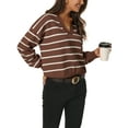 thumbnail image 3 of INSPIRE CHIC Women's Fall Winter Striped Pullover Polo V Neck Color Block Long Sleeve Knitted Casual Sweater Tops XL Brown, 3 of 6