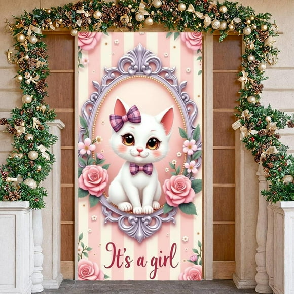 Pink Girl Baby Banner Floral Decor Gender Reveal Display Cute Kitten Purple Bow Kitten Backdrop for Baby Shower Gender Reveal Party Newborn Celebration