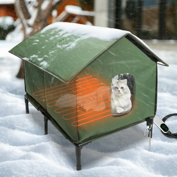 YUWENUS Heated Cat House with Heated Pad and Escape Door for Outdoor Weatherproof Cat Shelter Insulated Outdoor Cat House,Green,Small