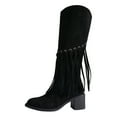 thumbnail image 6 of Women's Knee High Boots with Long Fringe Tassel Fashion Suede Pointed Toe Chunky Mid Heel Wide Calf Long Tall Dress Boots Black Size 6.5, 6 of 7