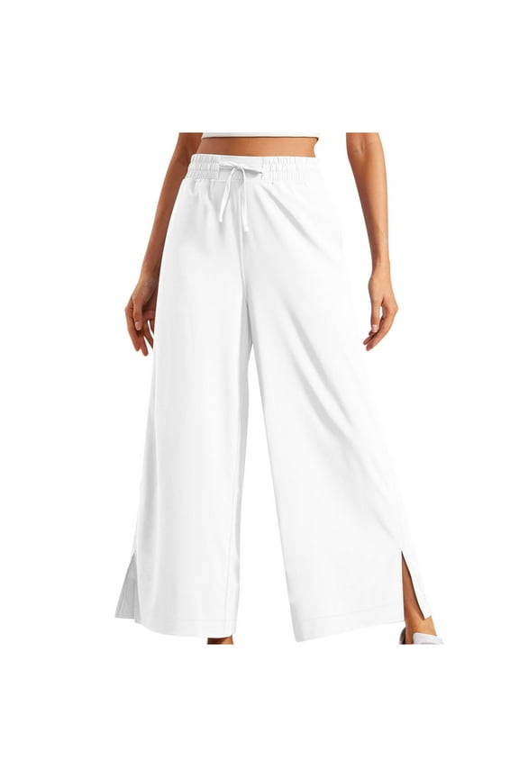 Lightweight Wide Leg Cropped Pants for Women High Waisted Loose Casual Lounge Travel Work Pants with Pockets Spring Fashion Summer White 4