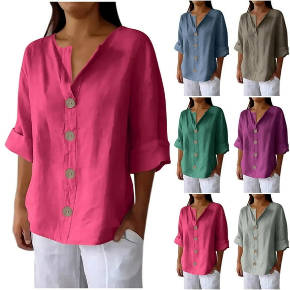 CYMMPU Women's Summer Fall Tunic Tops V-Neck Shirts Solid Color Flowy Blouse 3/4 Length Sleeve Business Work Blouses Casual Basic Tees 2025 Clothes Blue XXXL