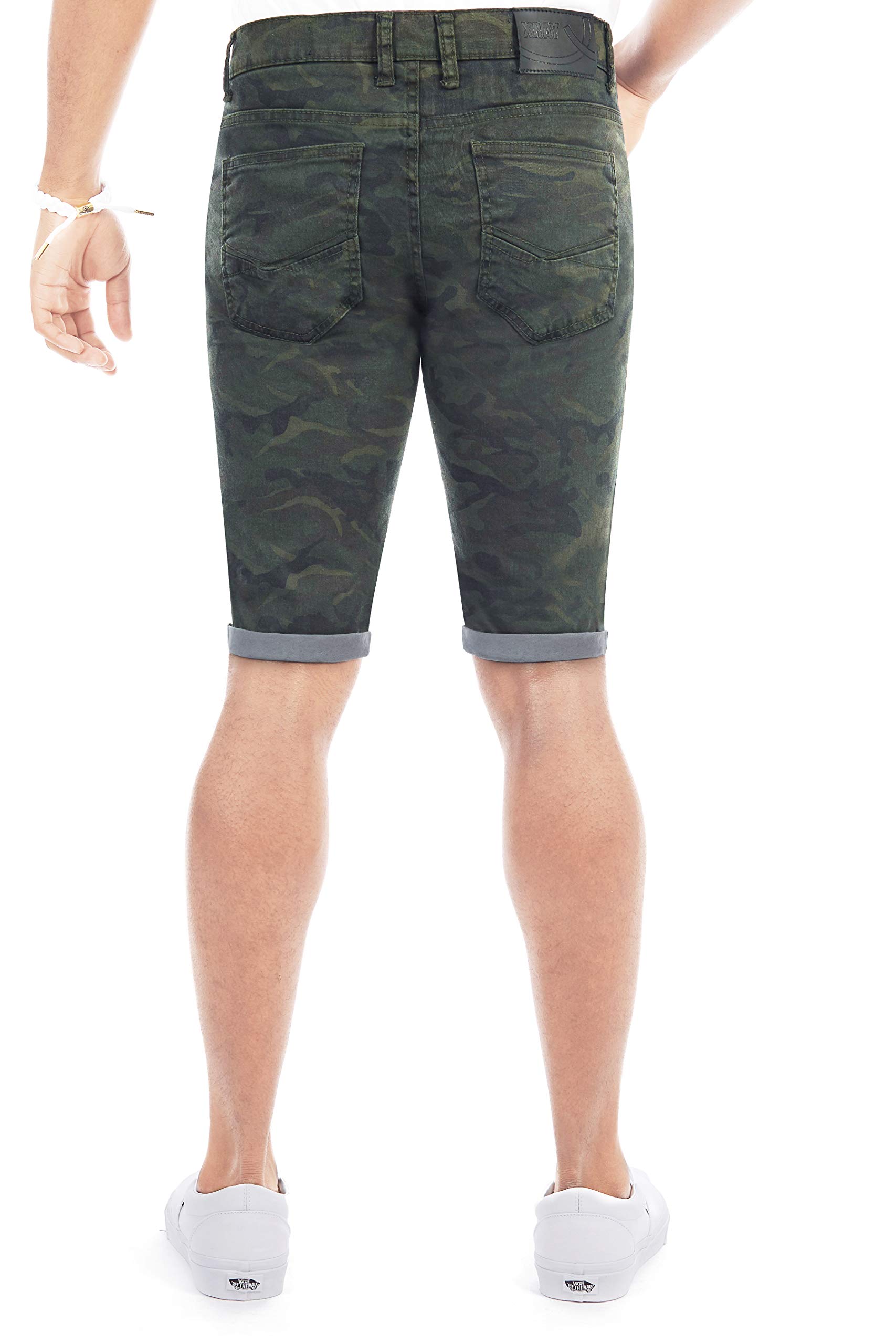 X RAY Men's Rolled Up Denim Shorts, Stretch Slim Skinny Fit, Distressed, Ripped, Bermuda Jeans Short, Olive Camo, Size 38 - image 2 of 6