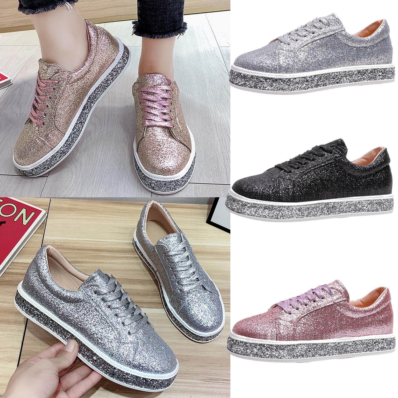 Women's Glitter Tennis Sneakers Neon Dressy Sparkly Sneakers Rhinestone Bling Wedding Bridal Shoes Shiny Sequin Shoes