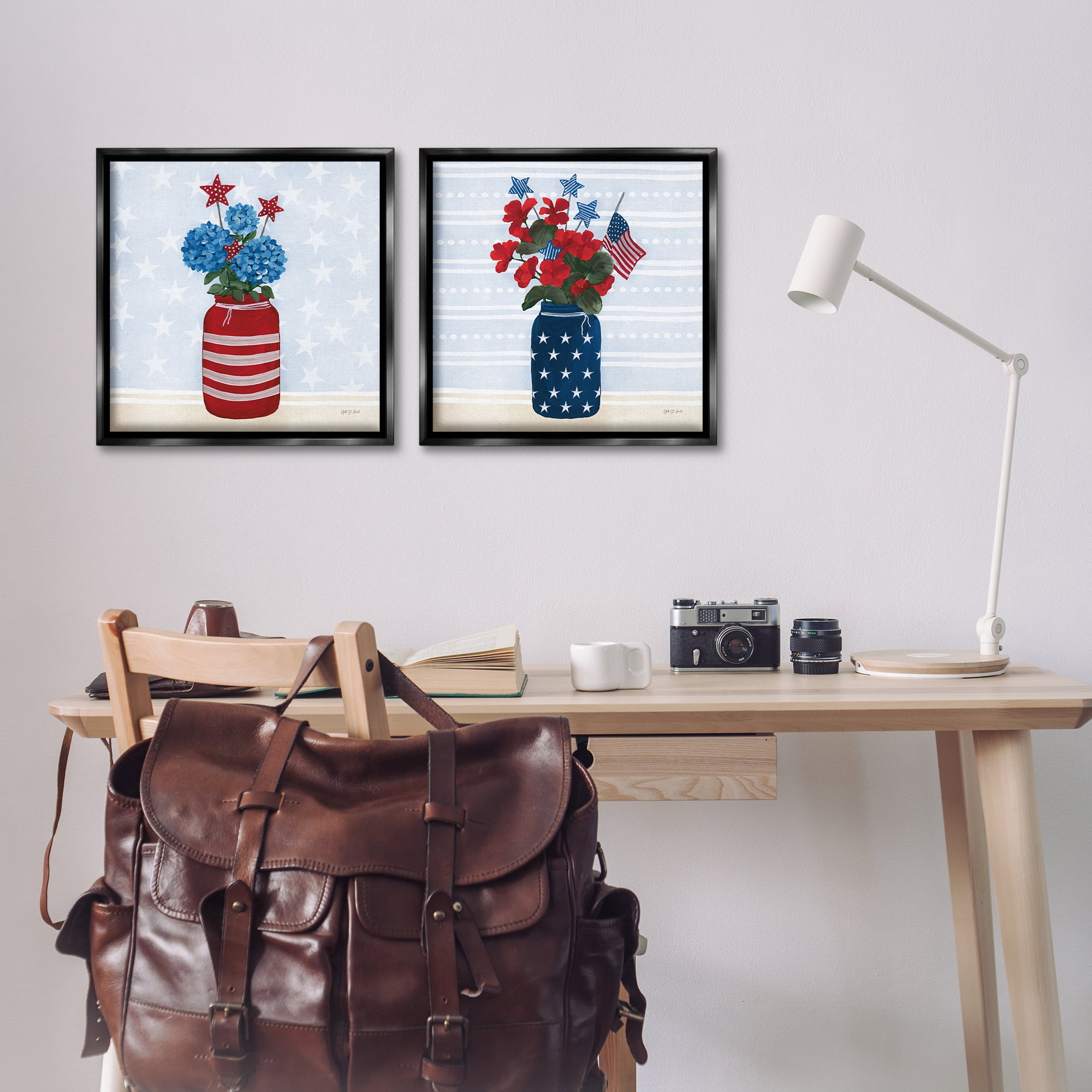 Stupell Industries Patriotic Stripes & Stars Florals Patriotic Painting Black Floater Framed Canvas Art Print Wall Art, 18 x 18, Set of 2
