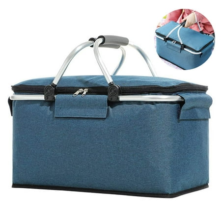 

1 pcs Picnic Basket Portable Collapsible Cooler Bag Grocery Basket with Lid 2 Sturdy Handles Storage Basket for Picnic Food Delivery Take Outs Market Shopping Travel