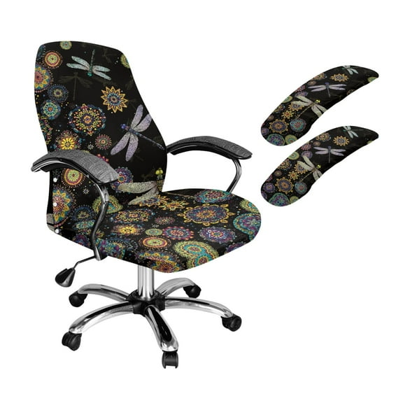 FKELYI Bohemian Floral Dragonfly Print 3 Pcs Set Office Chair Cover with Armrest Covers Anti-Dust High Back Swivel Boss Chair Slipcover Gaming Armchair Protector, Small