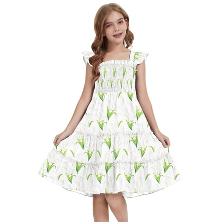 Actgleam Girls Dress Floral Ruffle Square Neck Sleeveless A-Line Sundress with Tie Back for Summer Beach Party Spring Sprout 9-10Y
