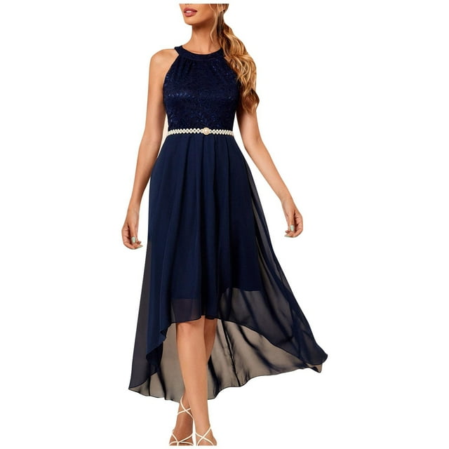 Pisexur Robes pour Femmes 2024 Col Rond Soirée Bal Robe Mode Dentelle Chiffon Robes de Cocktail pour Femmes Tunique Fluide Sans Manches Robe Midi Élégante Robes de Retour à la Maison