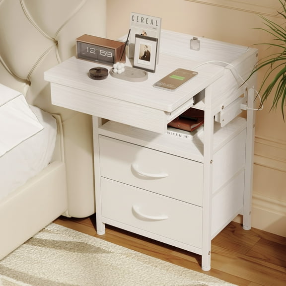 Bestco Nightstand with Sliding Top Modern End Table with Charging Station & 2 Drawers White