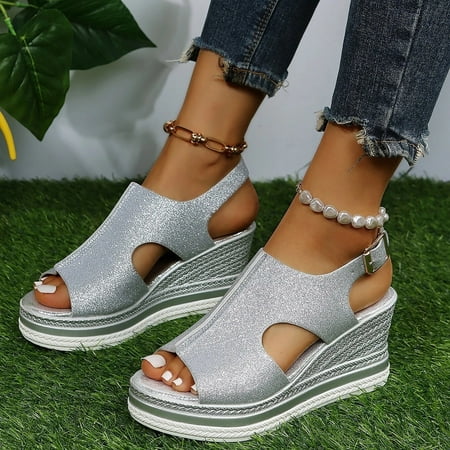 

NECHOLOGY Womens Wedge Sandal Ladies Fashion Solid Color Leather Sequin Leather Open Toe Wide Sandals for Women with Arch Support Silver 7