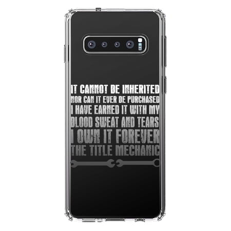 DistinctInk Clear Shockproof Hybrid Case for Samsung Galaxy S10+ PLUS (6.4 Screen) - TPU Bumper Acrylic Back Tempered Glass Screen Protector - Mechanic Can t Be Inherited Purchased