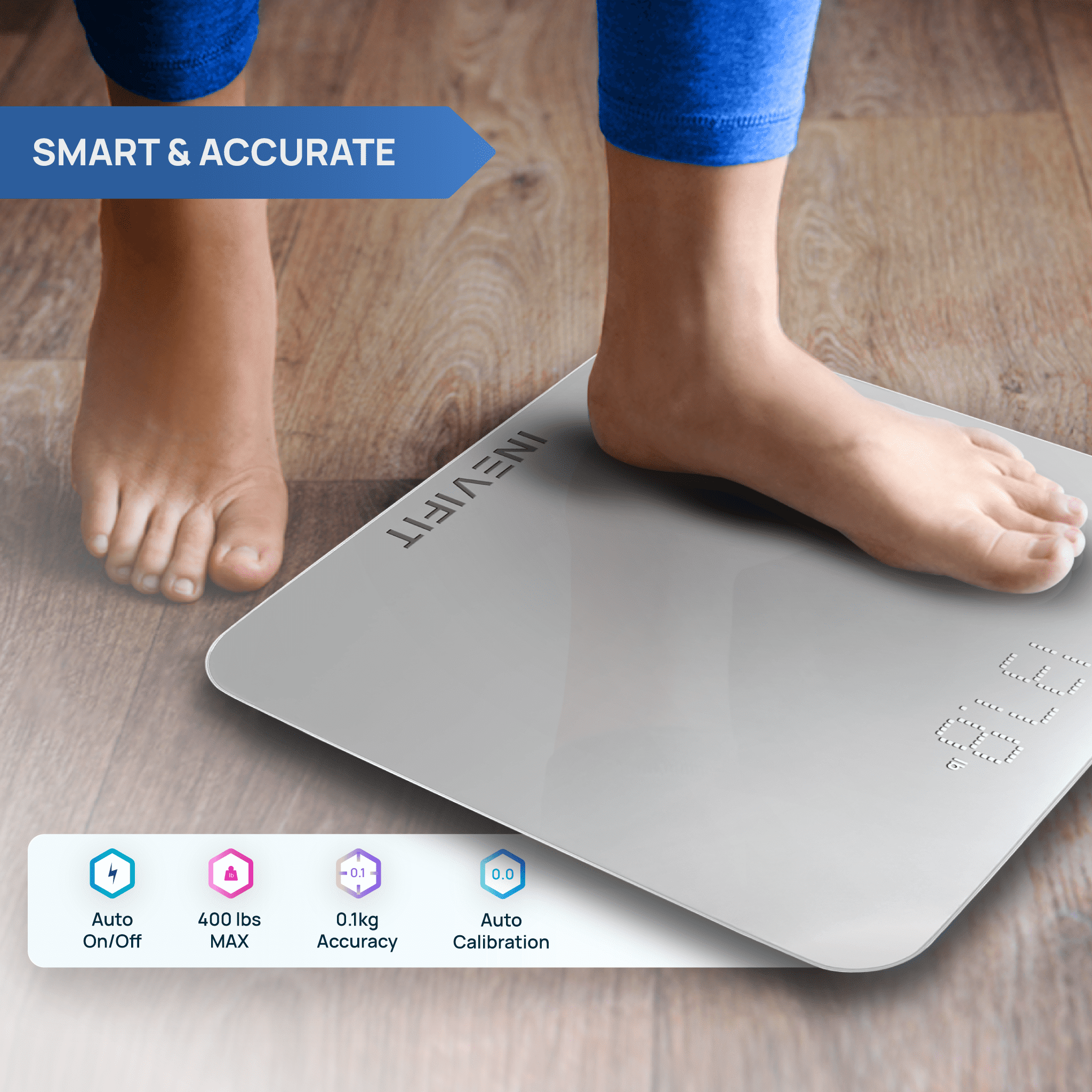 INEVIFIT Smart Premium Bathroom Scale with Bluetooth and Free Tracking INEVIFIT APP 11.8 x 11.8 inch - Silver